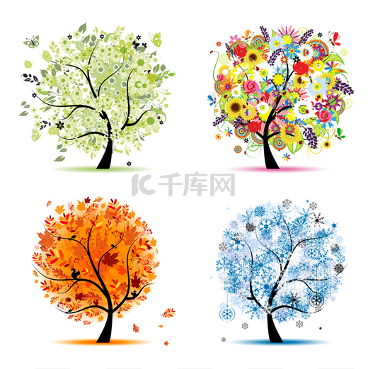 四季-春、 夏、 秋、 冬。艺术树美丽的你图片