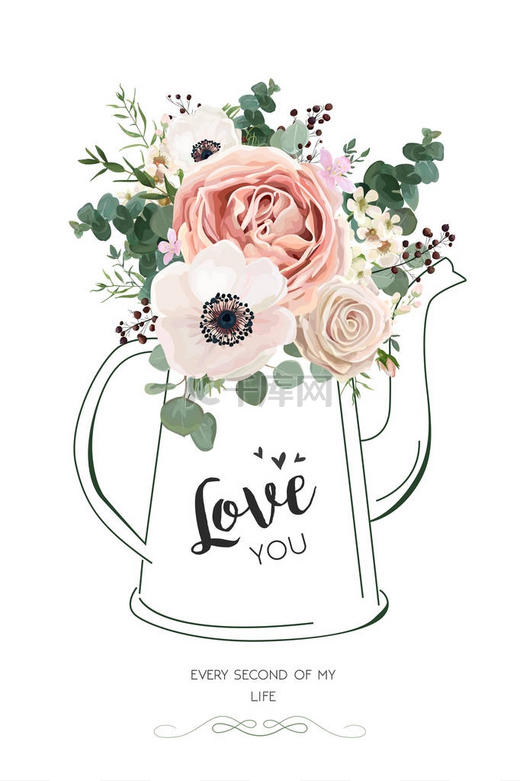 花卉精美卡矢量设计: 玫瑰桃花白蜡, 银莲花绿桉绿叶浆果花束在线手绘水壶花瓶插图。优雅质朴的婚礼邀请爱你的文字图片