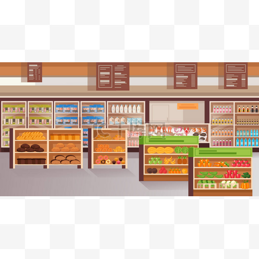 空食品超市的概念。矢量平面平面设计说明图片