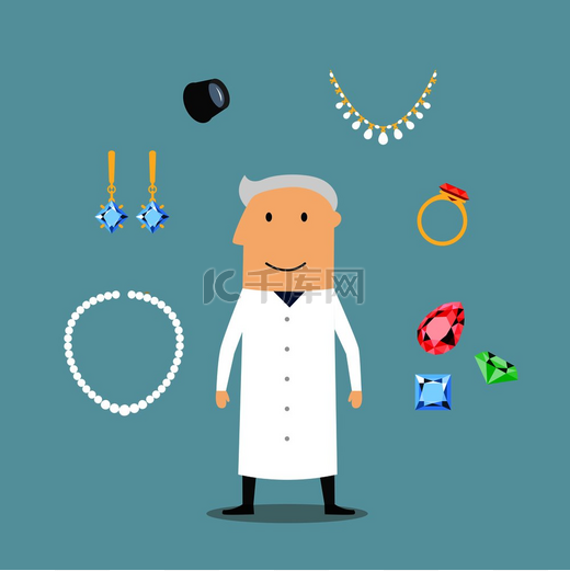 珠宝商或金匠专业设计与人与专业放大镜、 豪华珠宝，如花式耳环、 戒指和吊坠与红色宝石、 链和手镯、 闪亮的珠宝。图片