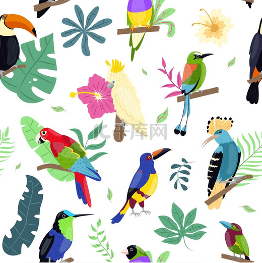 无缝图案的珍禽异兽热带动植物明亮的大鹦鹉花朵和树枝加勒比海动物明亮的巨嘴鸟装饰纺织品包装纸壁纸矢量印花或织物无缝图案的珍禽异兽热带动植物图片