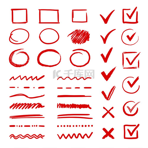 涂鸦复选标记和下划线清单项目的手绘红色笔画和钢笔标记标记矢量标记检查手写符号和复选框涂鸦复选标记和下划线列表项的手绘红色笔划和笔标记矢量标记图片