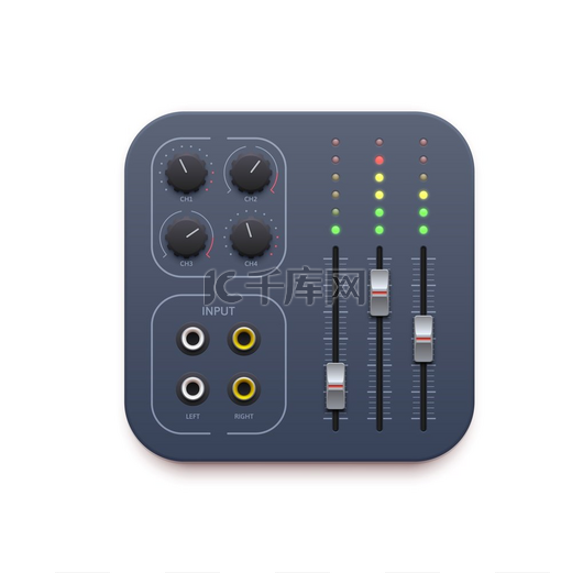 混音器，音乐录音应用程序图标，矢量 DJ 音频控制按钮。图片