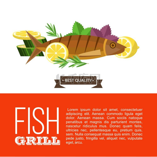 烧烤派对烤鱼和蔬菜矢量插图烤架上的鱼烤架上柠檬烤鳟鱼矢量插图标志在白色背景上隔离图片