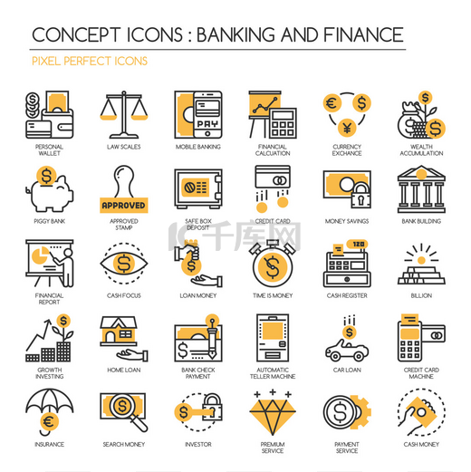 银行与金融、 细线图标集，像素完美图标图片