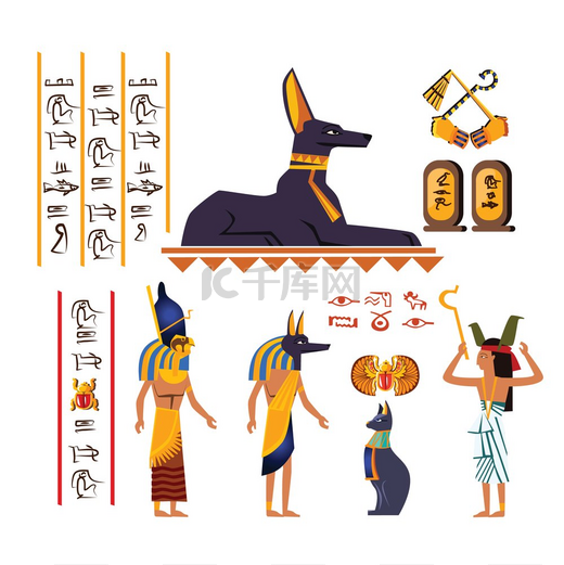 古埃及壁画艺术或壁画元素的卡通载体带有象形文字和埃及文化符号的纪念碑绘画古代神和人形牧师孤立在白色背景上古埃及墙壁艺术或壁画卡通矢量图片