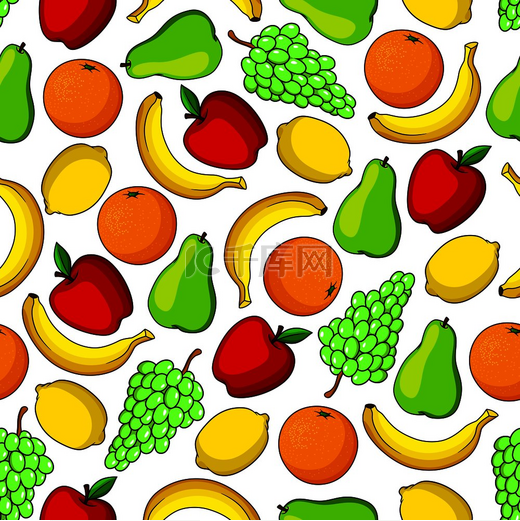 热带甜香蕉、橙子和柠檬、花园多汁苹果、绿葡萄和梨果无缝图案。图片