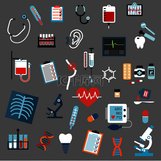 医疗诊断和设备平面图标，包括听诊器、显微镜、温度计、药丸、注射器、血液测试和袋子、X 射线、心电图、血压、听力和乳房测试、DNA 和牙齿。图片