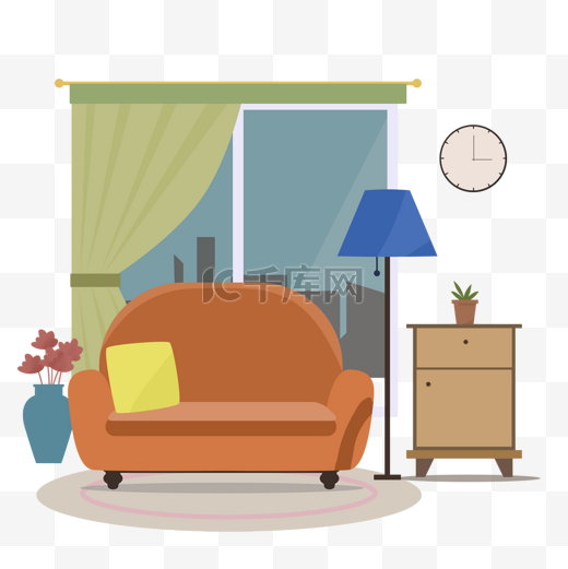 客厅橘色沙发扁平风格插画图片
