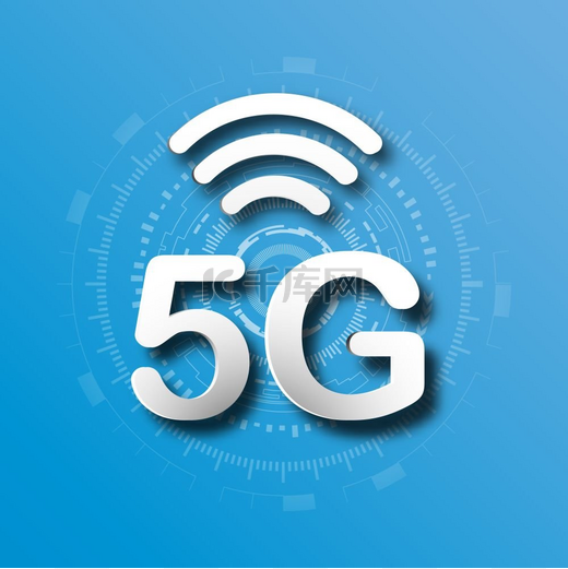 5G 蜂窝移动通信蓝色标志背景与全球网络线路链路传输。图片