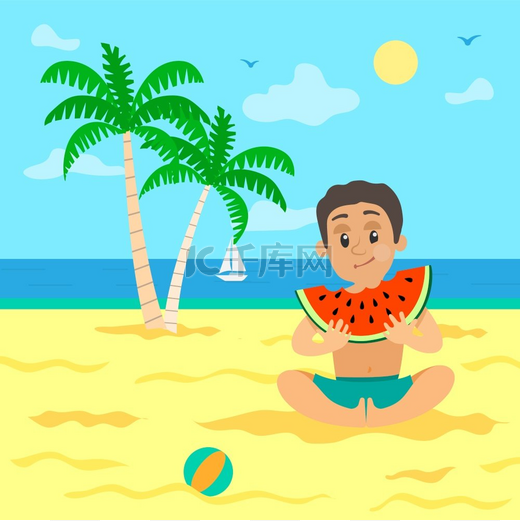 孩子们在暑假吃矢量孩子们吃西瓜切片带籽海滩上的水果餐帆船和棕榈树的树叶沙滩上的球孩子在海滩上吃带籽的甜西瓜图片