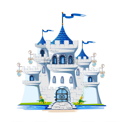 童话般的蓝色城堡为美丽的公主和王子与塔和大门孤立的魔法城堡的矢量图图片