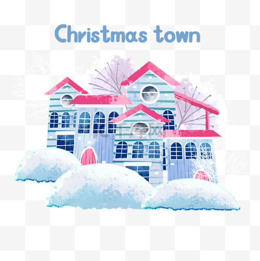 水彩风格圣诞小镇冰雪房屋图片