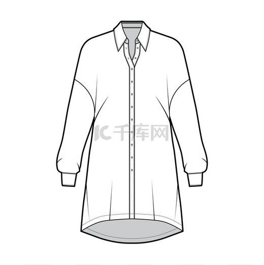 超大号衬衫技术时尚图解与基本衬衫领子，下垂的肩膀，长袖，超大尺寸.图片