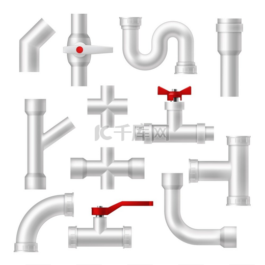 管道和三维布管卫浴管件逼真的三维矢量集带红色阀门和水龙头的金属或塑料隔离管道不锈钢金属管过渡配件管道连接管道和卫浴管件矢量集图片