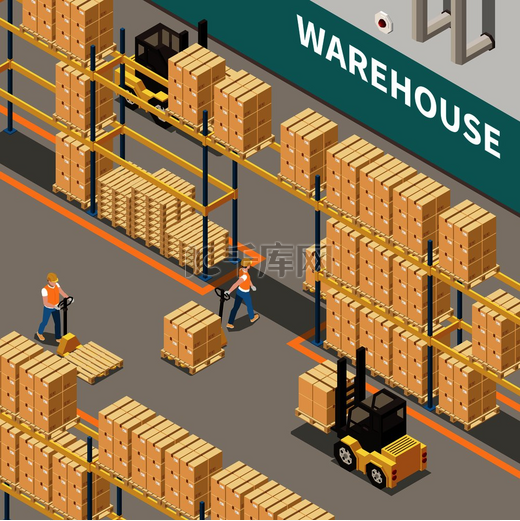 带纸板箱叉车和两名工人的仓库货架 3d 等距隔离矢量图图片