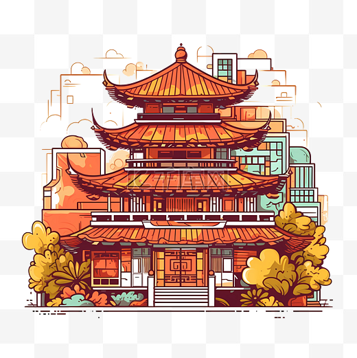 中国古建筑扁平图标装饰元素插图素材图片