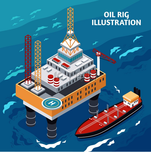 石油天然气工业等距组成与海上平台自升式钻井平台和油轮矢量图。图片