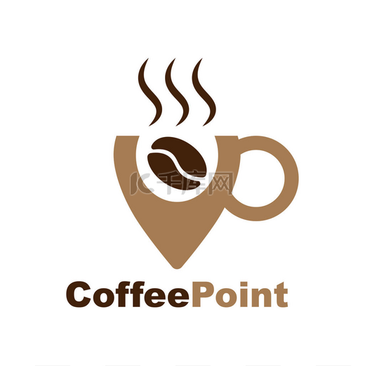 咖啡店的标志。概述标识与咖啡豆, 帽子和导航标志。咖啡点标志设计。咖啡位置标志模板设计矢量插画图片
