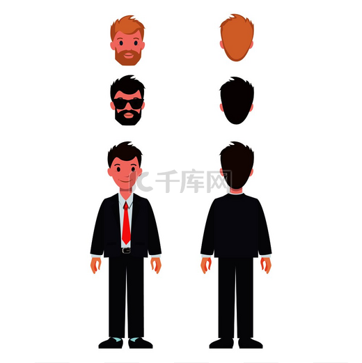穿着经典西装和领带的男装卡通人物，不同的发型和颜色，胡须和眼镜矢量隔离，前后视图。图片