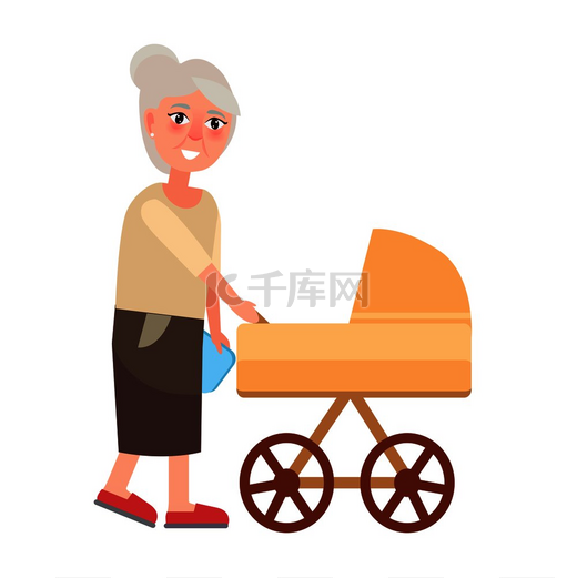 祖母和刚出生的小孩一起走在马车婴儿车里，与白色隔离。图片