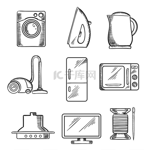 厨房和家电素描图标，包括吸尘器、水壶、熨斗、冰箱、微波炉、针和棉花、电视和洗衣机。图片
