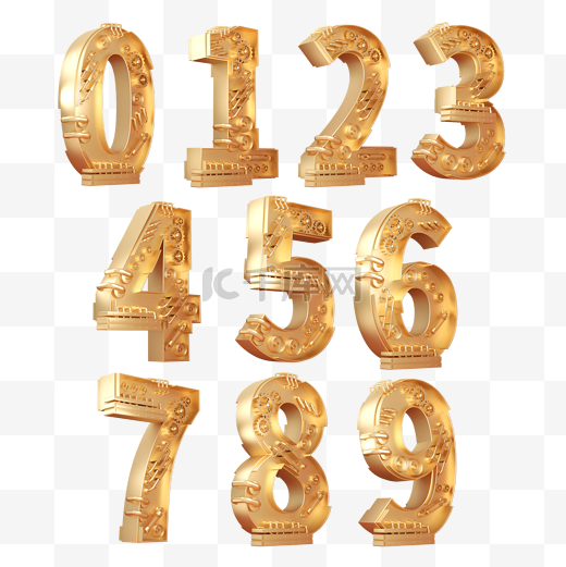 金色质感C4D立体机械倒计时数字0-9艺术字数字双十二双12数字图片
