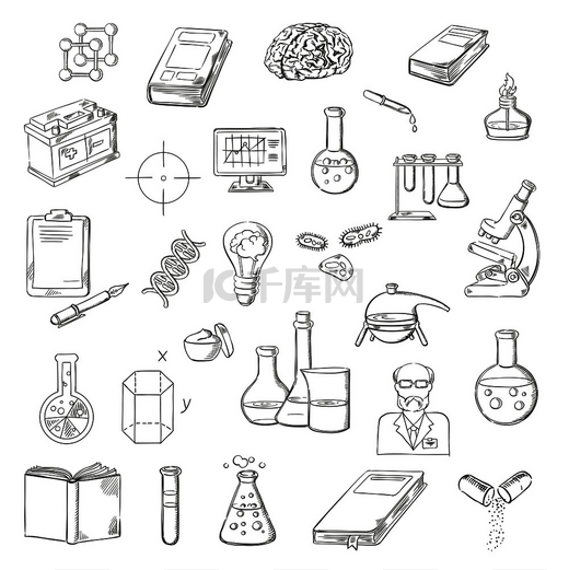 有显微镜素描符号的科学家、实验室试管和烧瓶、书籍、电脑和带笔的剪贴板、人脑、DNA 和分子、实验室燃烧器、电池和几何模型、创意灯泡和药丸。图片