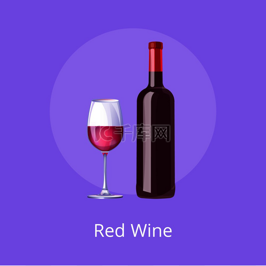 红葡萄酒海报瓶的勃艮第葡萄酒和一杯孤立在紫色背景上的梅洛现代玻璃器皿中的精英经典酒精饮料红酒海报瓶勃艮第梅洛和玻璃杯图片