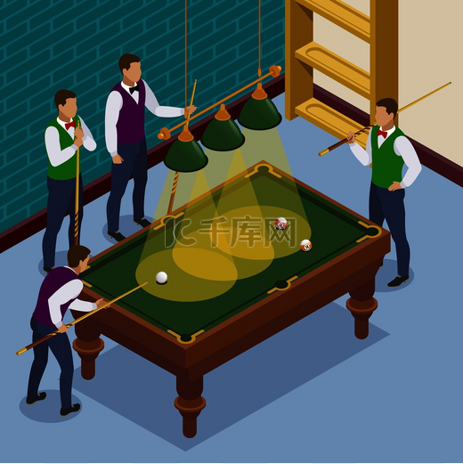 台球等距构图考虑到游戏室和玩家的人物角色的游戏情况矢量插图图片