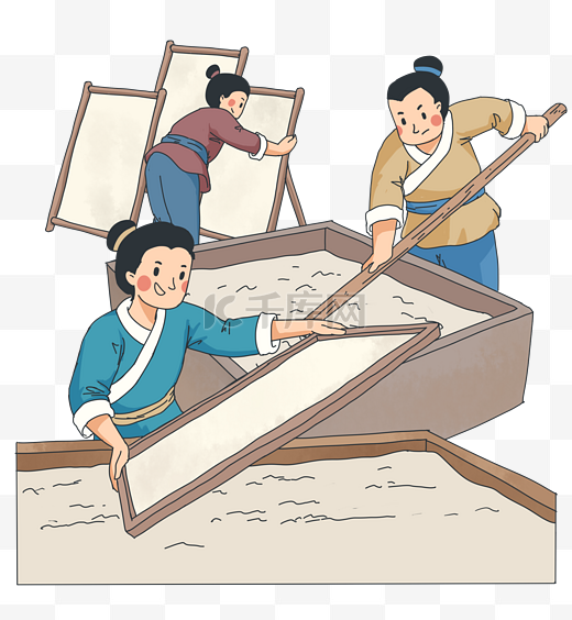 中国四大发明造纸术打浆抄纸晒纸图片
