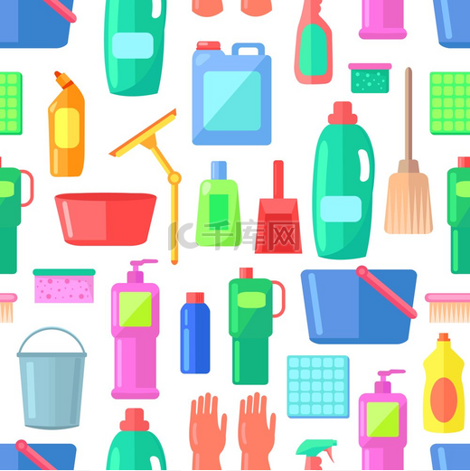 一组瓶装家用化学品、用品和清洁用品、清洁工具和容器。图片