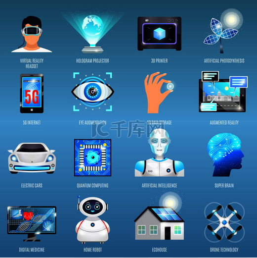 未来技术图标与生态屋、量子计算、机器人、5g 互联网在蓝色背景隔离矢量图上。图片