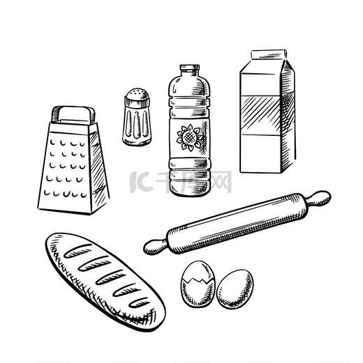 烘焙配料和厨房用具，包括牛奶包、一瓶葵花籽油、鸡蛋、盐、刨丝器、擀面杖和长面包。图片
