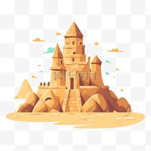 夏季扁平卡通风女生大型沙滩城堡图片