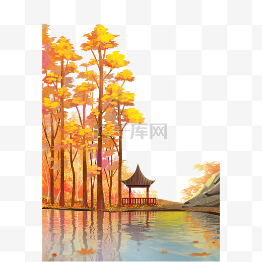 秋天树林河流亭子风景图片