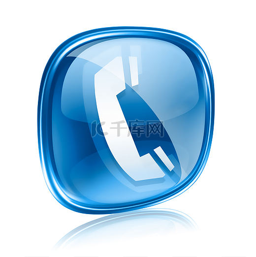 电话图标蓝色玻璃，在白色背景上孤立.图片