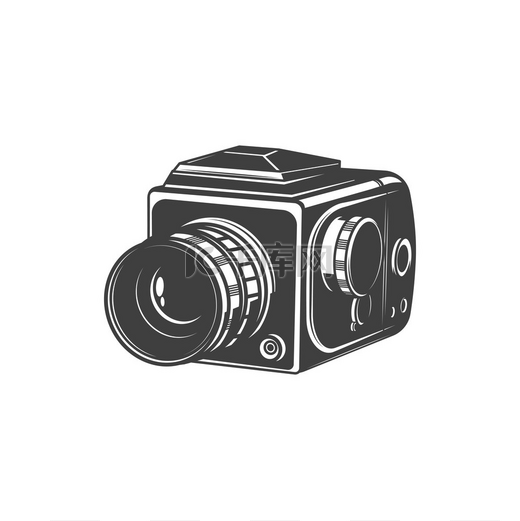 模拟相机隔离照片拍摄设备单色图标矢量摄影师仪器摄影相机摄影符号复古凸轮带折叠式变焦镜头或物镜黑色和白色旧照片相机摄影拍摄设备图片