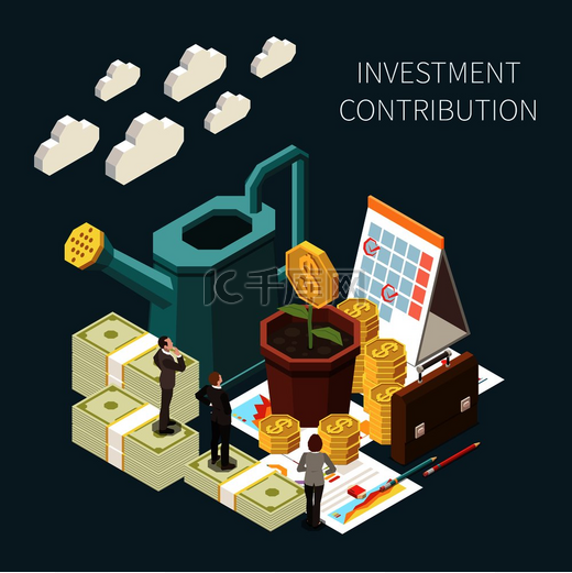 投资贡献和增长等轴测概念与金钱和商人三维矢量图图片