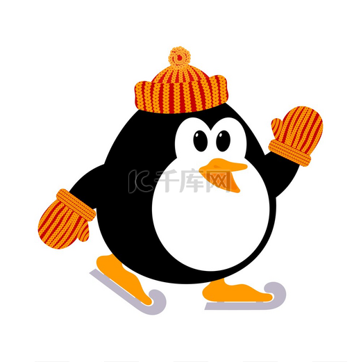 戴着针织帽和连指手套滑冰的可爱小企鹅的矢量插图。图片