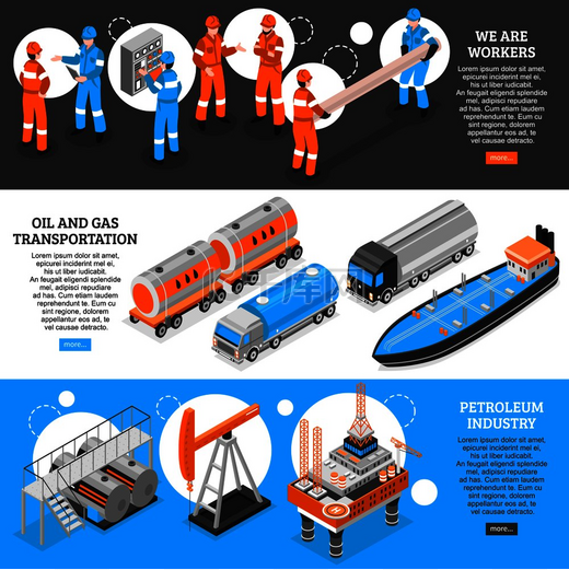 石油天然气3等距水平横幅设置网页设计与石油行业工人运输信息矢量插图油旗等距图图片