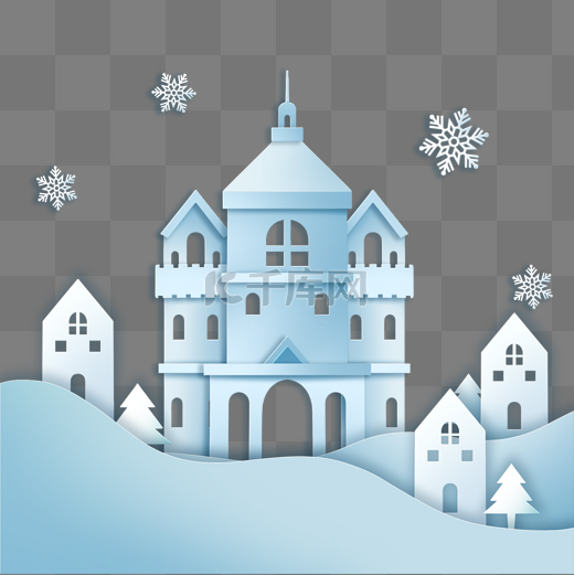 冬季冬天立体浮雕剪纸风剪纸城堡雪景边框图片