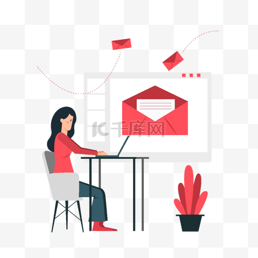 坐在桌前用电脑发电子邮件消息的女人插画图片