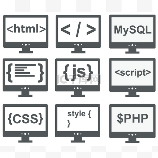 矢量的 web 开发图标集合： html、 css、 吊牌、 mysq图片