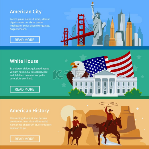 美国扁平横幅美国水平扁平横幅带有美国城市景观白宫和牛仔隔离矢量插图图片