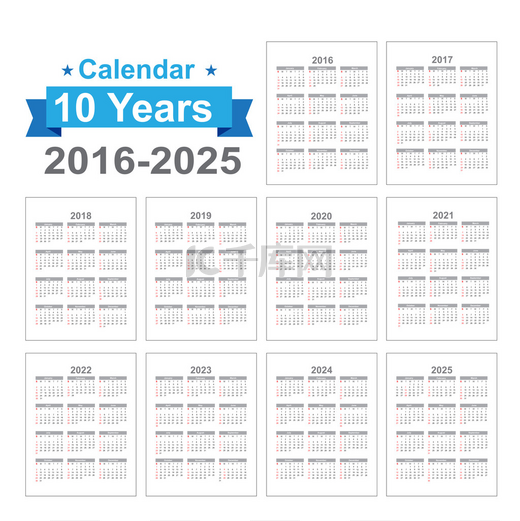 2016-2025年日历黑色文本在白色背景向量病上图片