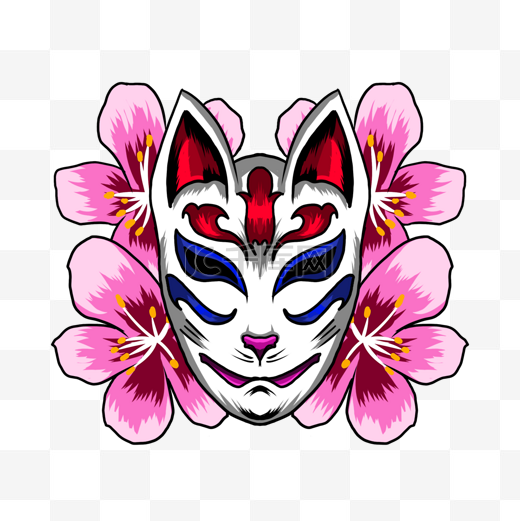 狐狸面具和花朵日本风格粉色图片