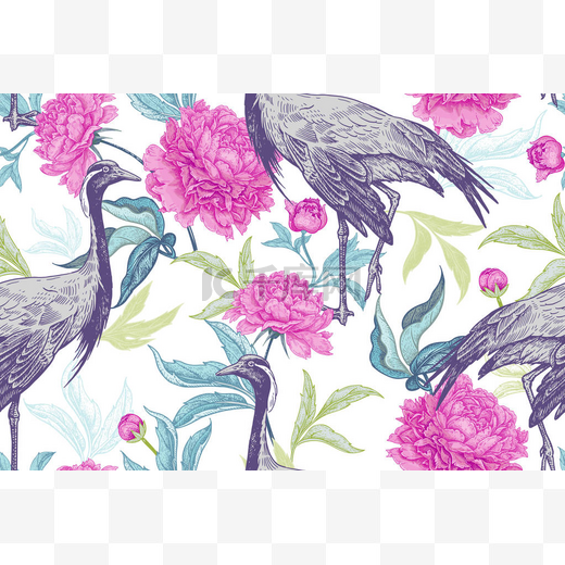 鸟鹤的背景是牡丹的叶子和花。设计用纸、墙纸、纺织品的花卉无缝图案。自然的向量例证。老式。狂放的世界的手绘.图片