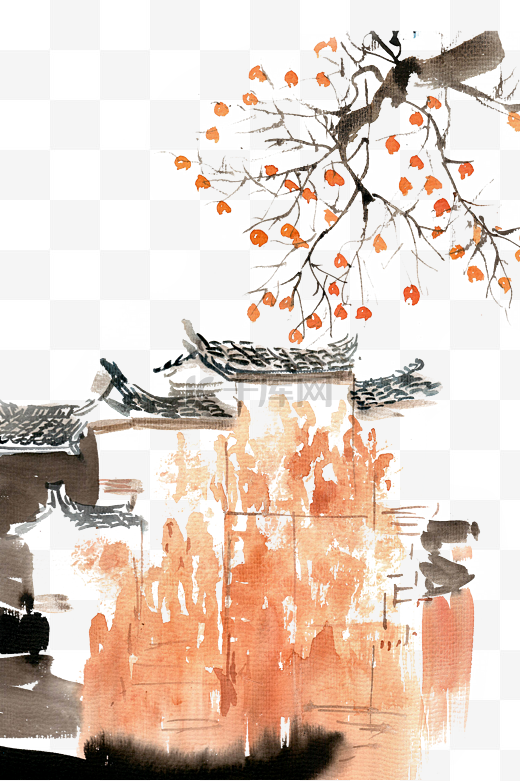 古牌坊与柿子树水墨图片
