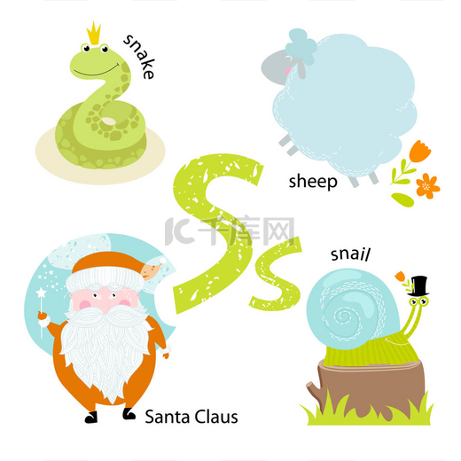 矢量插图教学儿童英语字母表与卡通动物和对象。字母